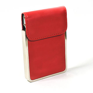 Card Holder Chrome Metal Scarlet Leatherette with Card Lifting Flap