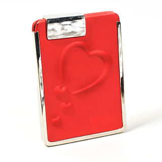 Card Holder Red Leatherette Embossed Heart High Polish Chrome Detail