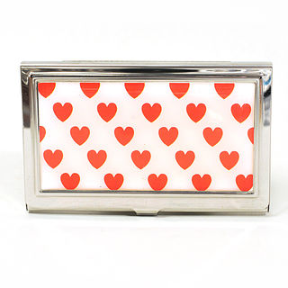 Card Holder High Polish Chrome Metal Red Hearts on White