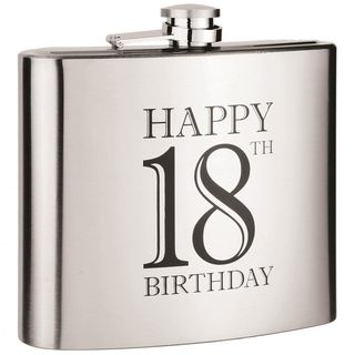 Hip Flask Coyote Polished Chrome Engraved 'Happy 18th Birthday' 32 oz