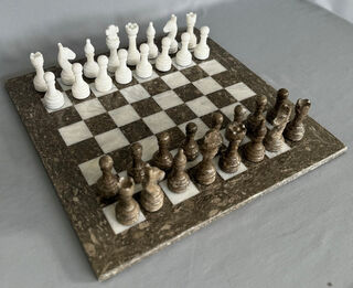 Marble Chess Set - Fossil and White on 16 inch Board - All in Marble