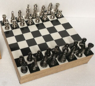 Aluminium Black and Silver Chess Set on 16 Inch Black and White Board in Wooden Box