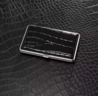 Cigarette Case Metal - Small Medium Size - Black Crocodile Leatherette Finish