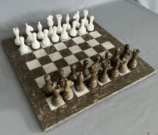 Marble Chess Set - Fossil and White on 12 inch Board