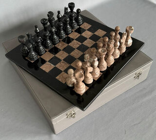 Marble Chess Set - Pink and Black on 12 inch Board - with Grey Case