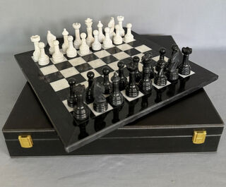 Marble Chess Set - Black and White on 12 inch Board - with Black Case