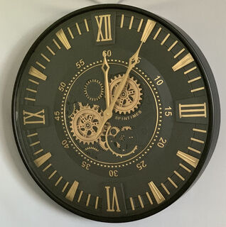 Wall Clock Black Face with Gold Numerals, Hands and Gears (59 cm Diameter)