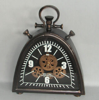 Mantel Clock in Metal in Fob Watch Format with Gears (30 X 37 cm).