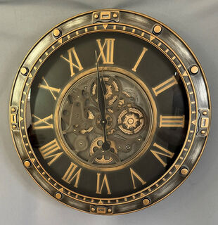 Wall Clock in Anodised Metal with Brass Detailing and Moving Gears  -  Porthole Style  (65 cm Diameter)