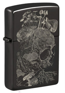 Zippo Lighter - High Polish Black - Skull Mushroom Design