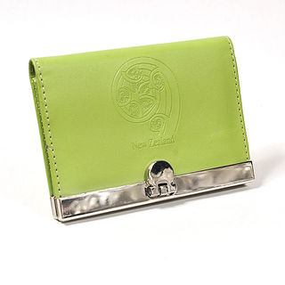 Card Holder Lime Green Leatherette with 3 Compartments and Embossed Koru