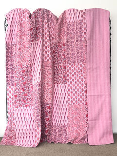 Blockprint Patchwork Kantha Quilt Pink